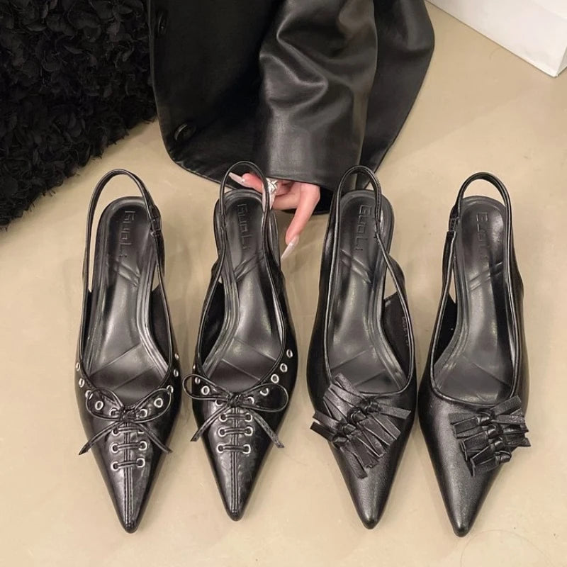 SUOJIALUN Autumn New Women Sandal Fashion Pointed Toe Pleated Ladies Elegant Dress Slingback Shoes Shallow Thin High Heel Pumps