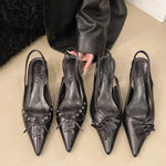 SUOJIALUN Autumn New Women Sandal Fashion Pointed Toe Pleated Ladies Elegant Dress Slingback Shoes Shallow Thin High Heel Pumps