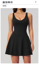 Bodycon Tennis Dress with Shorts Pocket Women Speed Dry Sleeveless V Neck One Piece Sport Outfit Short Dress Fitness Yoga Set