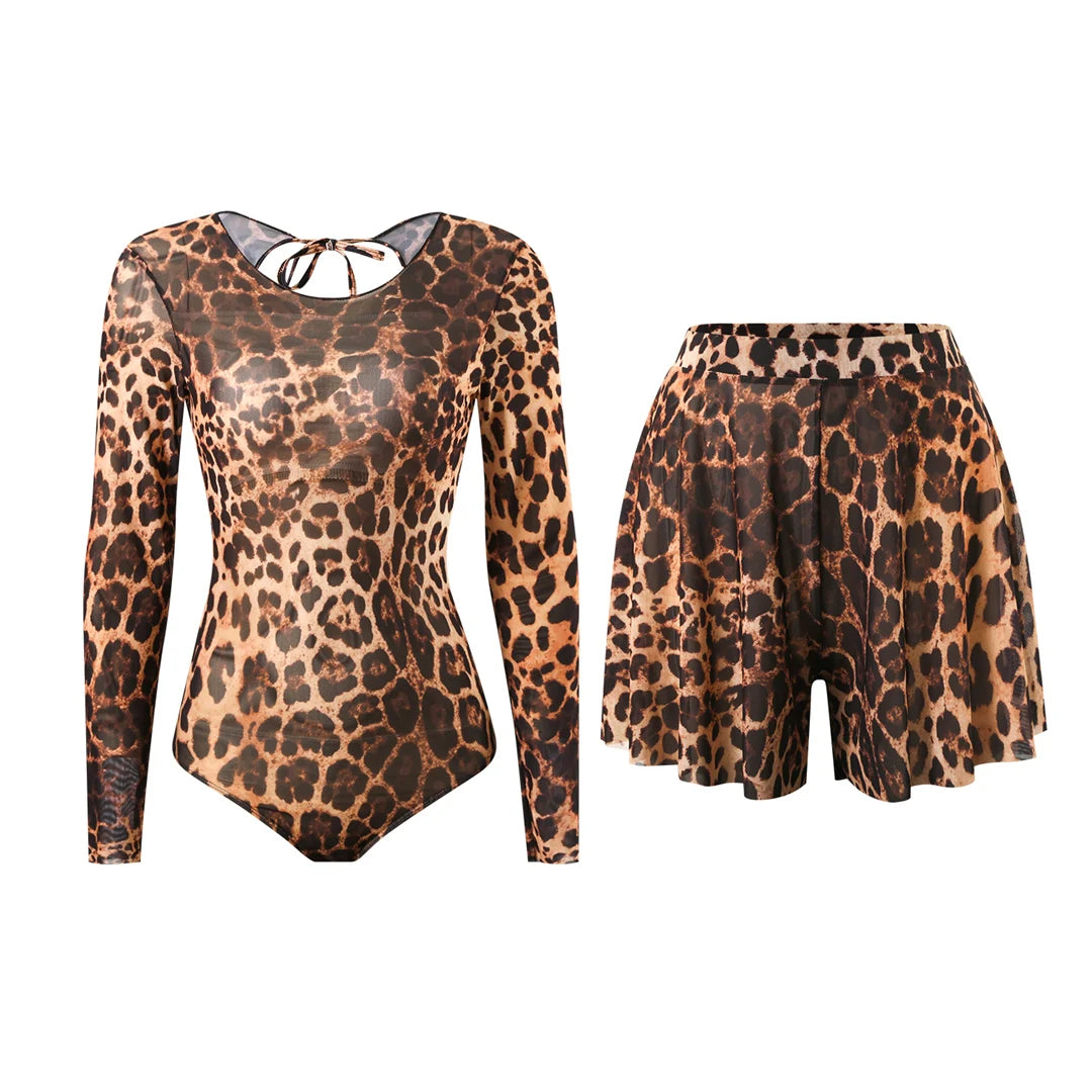 S - XXL New Sexy With Shorts Leopard Long Sleeve One Piece Swimsuit Women Swimwear Female Padded Bather Bathing Suit Swim V7348