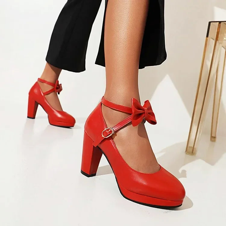 Spring and Autumn New Style Fashion Round Head High-heeled Women's Shoes Sweet Bow Shallow Mouth Buckle Thick Heel Women Shoes