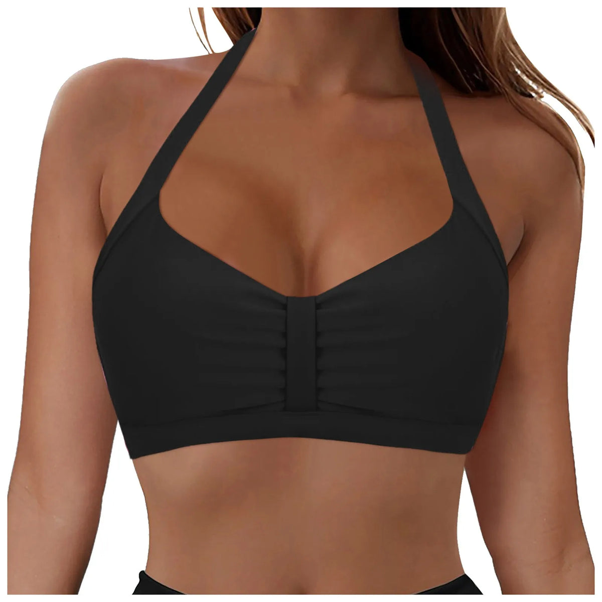 Womens Halter Neck Ruched Bikini Top Padded Push Up Swim Tops Adjustable Tie Back Bathing Suit Top Beach Pool Vacation Swimwear