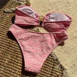 Flower Embroidery Bandeau Bikinis Sets Woman 2026 Metal Buckled Sexy Swimsuit Women High Cut Bathing Swimming Suit Bikini Mujer