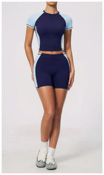 Summer New Yoga Sets Women Breathable Contrasting Color Short Sleeve Slim Sports T Shirts Training Running Shorts Fitness Suit