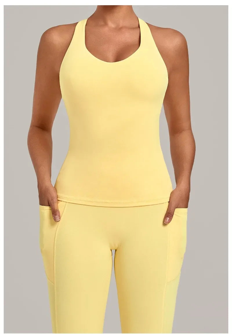 Women's Seamless Yoga Vest Sports Fitness Gym Beauty Back Top Nude Slim Fit Training Running Workout Vest