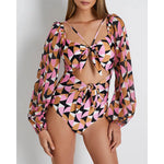 One Piece Swimsuit Sexy Long Sleeve Tropical Print Swimwear Women Bandage Monokini Hollow Out Bathing Suit String Beachwear 2023