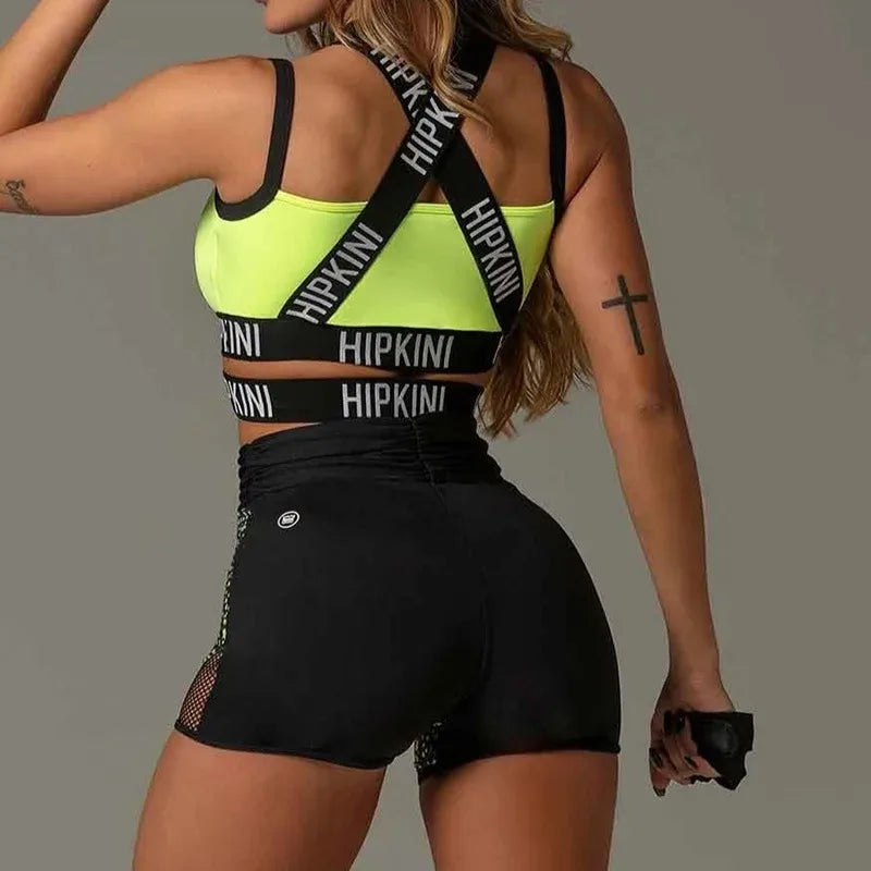Shorts Tracksuit for Women 2025 Cross Back Letter Print Sex Tops Patchwork Mesh-hem Shorts New in Matching Sets 64197