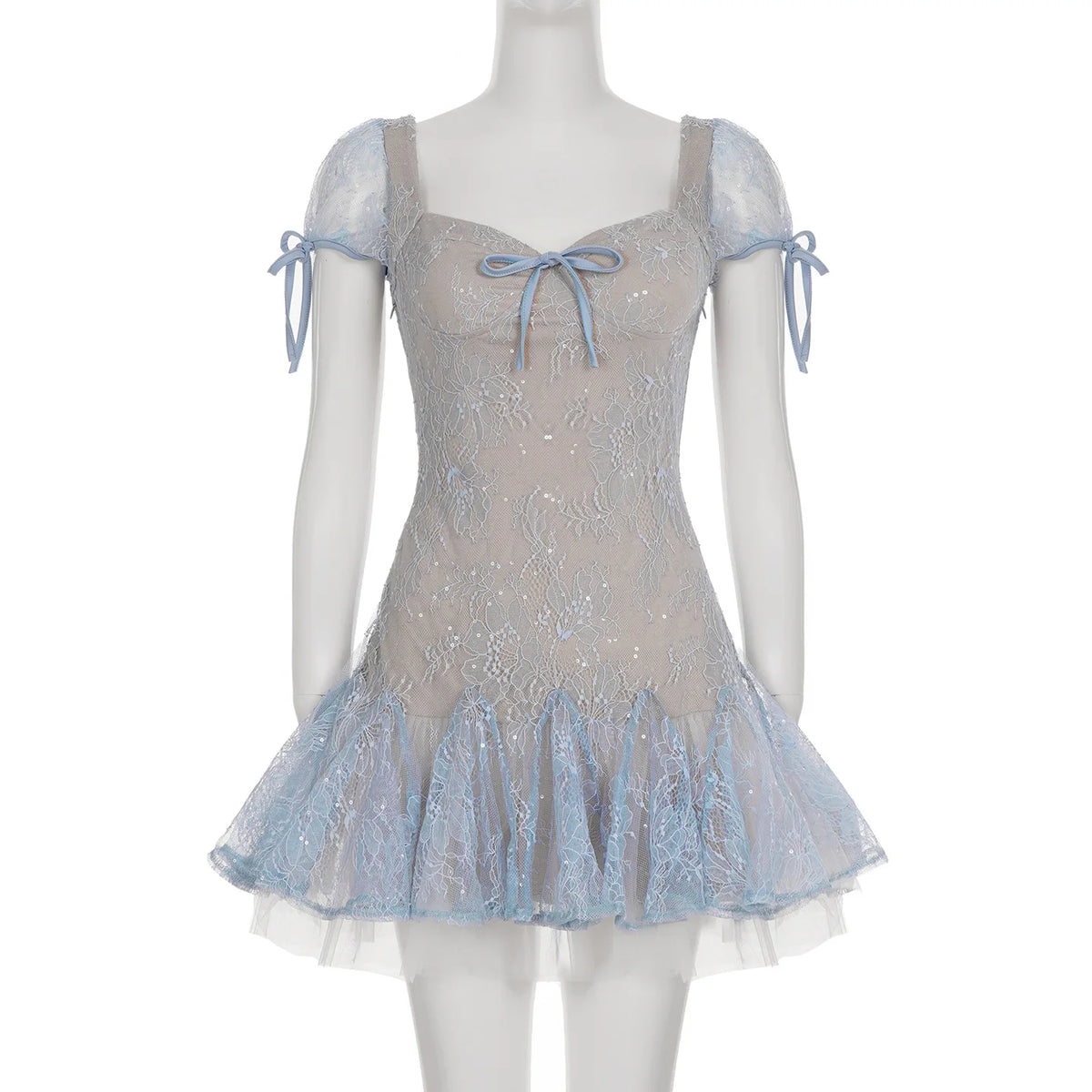 Dreamy and Western-style lace pleated princess dress with sparkling sequin design and puff-sleeved high-waisted dress.