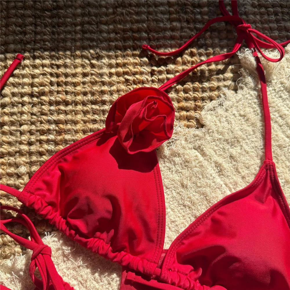 Sexy 3D Flower String Halter Bikinis 2025 Women Swimsuit Cover Ups Lace-up Thong Swimwear Beach Wear Bather 3 Piece Bikini Set