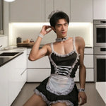 Cross-border Sexy Pure Desire Men Cosplay Stretch Milk Silk Lace Suspender Skirt and Lace Apron Valet Lingerie Uniform Set