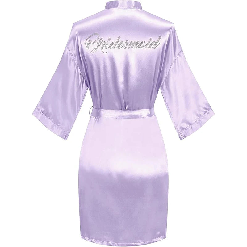 Women's Satin Kimono Robes with Rhinestones Bride Bridesmaid Short Getting Ready Wedding Dressing Gown