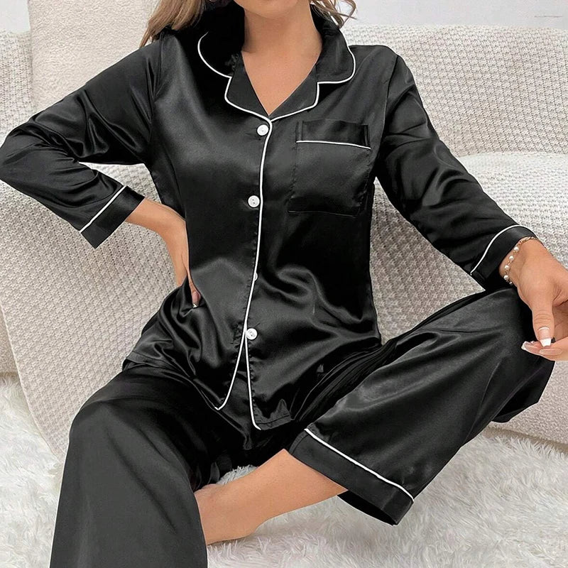 Women's Luxurious Satin Pajamas Pj Set Turn-down Collar Button Tops & Pants Sleepwear & Loungewear for Summer Home Clothes Suit