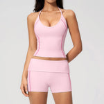 2PCS Women Yoga Sets Color Contrast Hanging Neck V Neck Slimming Sports Tank Top Flip High Waist Shorts Gym Running Fitness Suit
