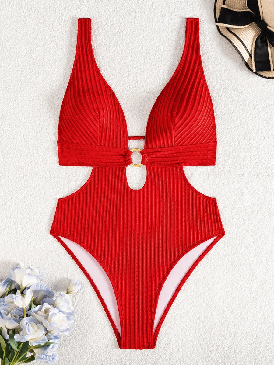 Deep V Neck Cut Out Women Swimwear One Piece Swimsuit Female High Leg Cut Monokini Bather Backless Bathing Suit Swim Beachwear