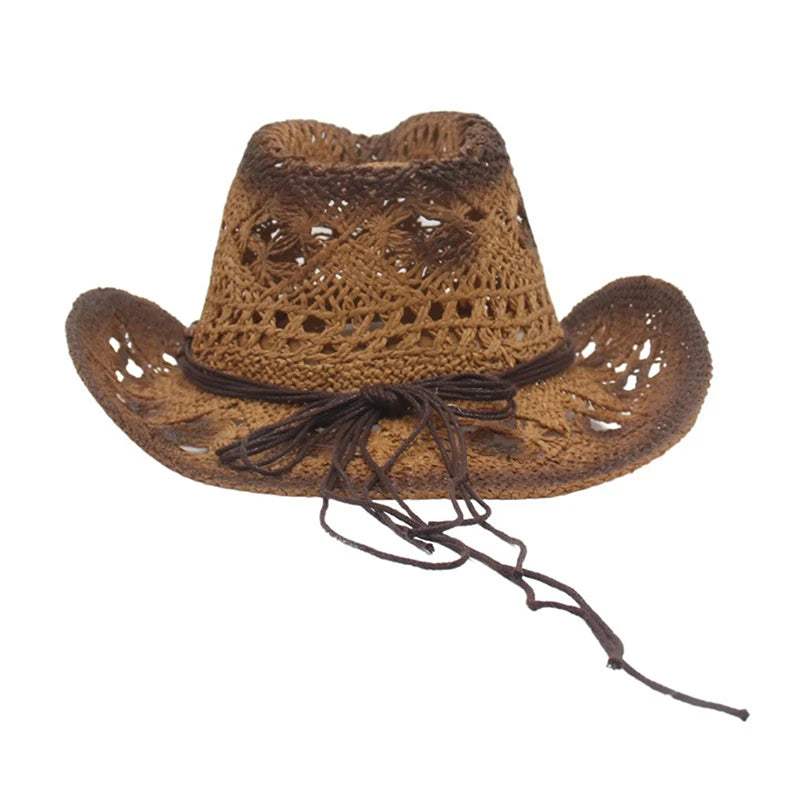Women Cowboy Hat Creative Curled Straw Hollow Design Ethnic Style Beads Chain Decoration Shade Straw Hat Summer Sun Cap