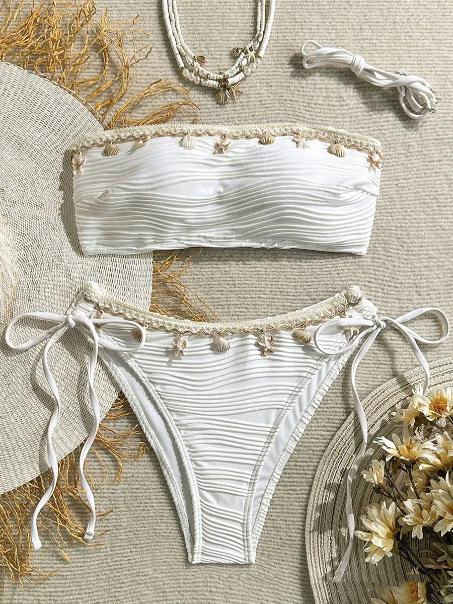XS - XL Wrinkled High Cut Bandeau Bikini Women Swimwear Female Swimsuit Two-pieces Bikini Set Shells Bather Bathing Suit Swim