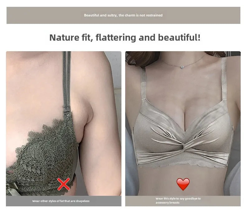 MOYISU Lingerie Women's Small Chest Gathering Summer No Underwire Retraction Breast Anti-sag Flat Bra Cover Underwear Set