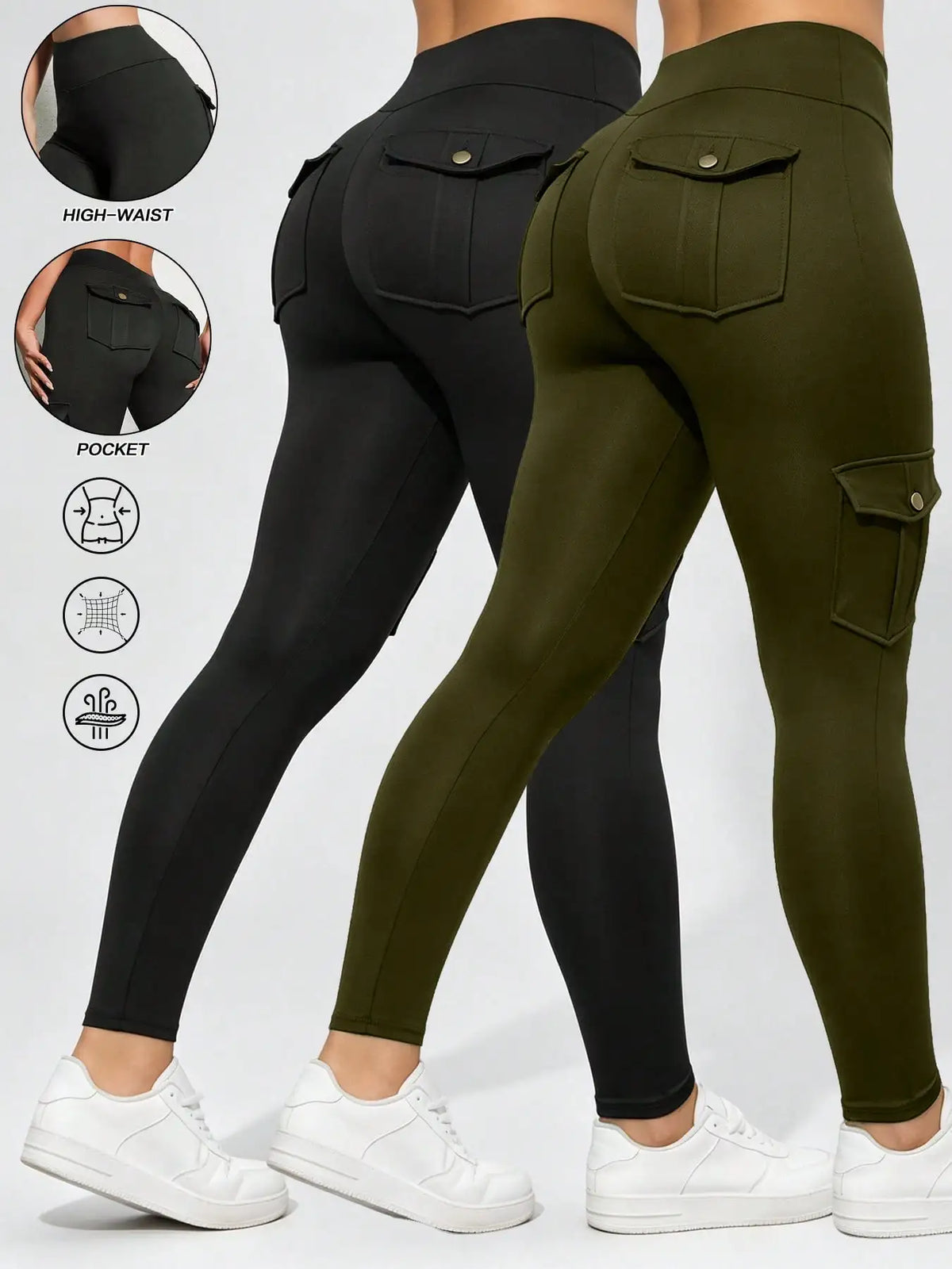 1/2 Pcs Women's Fitness Pants: High-Waisted Flared Cargo Pants With Pockets, Shaping and Tummy-Control Fitness Pants.