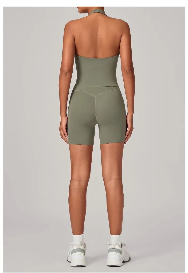 Women's Seamless Yoga Fitness Sets Sports Halter Neck Backless Vest Hip-lifting Slim Fit Shorts Suits Running Workout Gym Sets