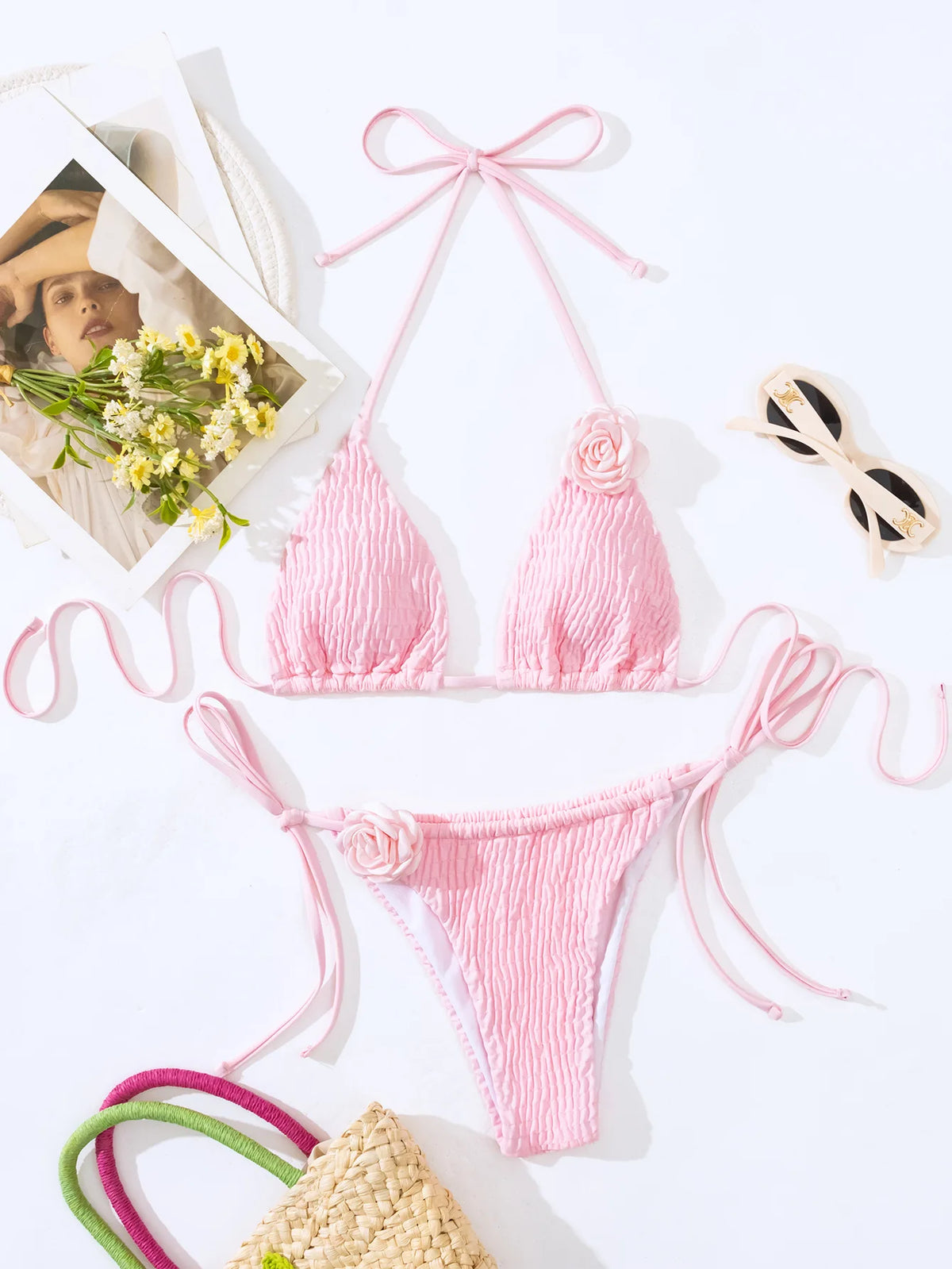 DEKA Women Sexy Thong 3D Flowers Bikini Set Halter Strappy Bikini Thong Swimwear Female Swimsuit Two-pieces Bather Bathing Suit
