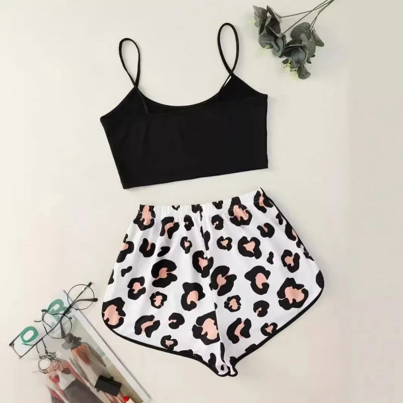 Sweet Heart Print Lounge Set Spaghetti Strap Cami Top And Shorts With Frill Details Perfect For Women's Summer Casual Attire Pjs