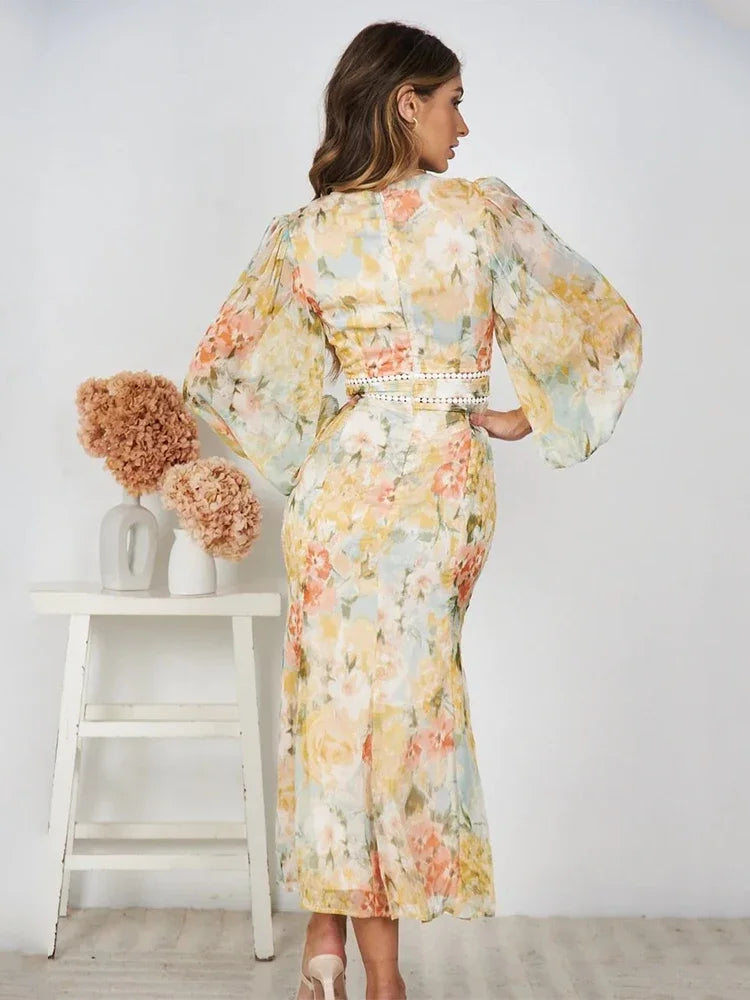 Foridol Hollow Out Lantern Sleeve Spring Women's Dress Printed Floral Midi Summer Dress 2025 V Neck Boho Yellow Sundress Party