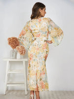 Foridol Hollow Out Lantern Sleeve Spring Women's Dress Printed Floral Midi Summer Dress 2025 V Neck Boho Yellow Sundress Party