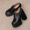 Plus Size Double Row Small Buckle Side Zipper Square Toe Double Layer Platform High Thick Heel Women's Pumps Shallow High Heels