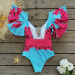 Sexy Ruffle Shoulder Swimsuit V-Neck Swimwear Women Backless Push Up Bathing SuitBeach Wear 2024 Female Swimming Suit