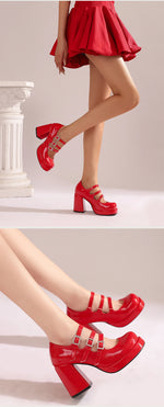 Plus Size Women Red Patent Leather Platform Mary Jane Shoes 3 Rhinestone Buckle Straps Chunky BlockY2K Lolita Party Pumps