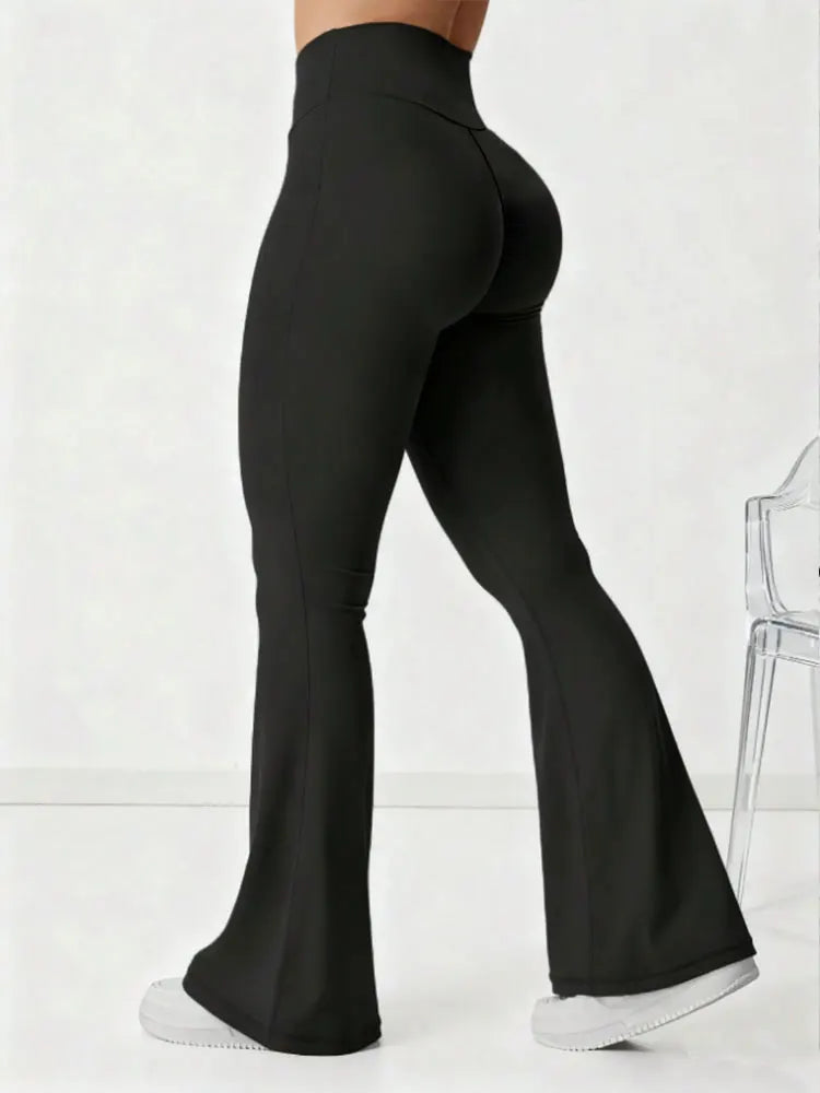 Women's Fashion Mid Waist Yoga Flared Pants Tummy Control Wide Leg Sports Leggings Casual Trousers For Outdoor Sports Outer Wear