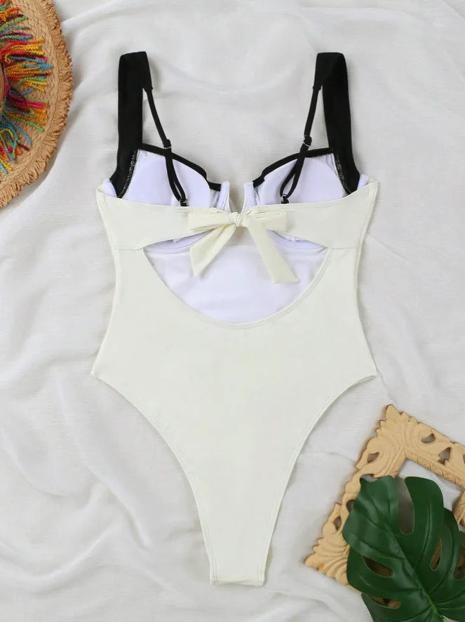 Push Up One Piece Swimsuit Women Backless Bodysuit Black White Swimwear Thong Beach Wear 2025 Contrast Color Bathing Suits Pool