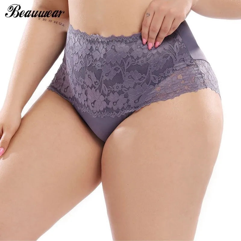 Beauwear Plus Size Women Panties Floral Lace Smooth Polyester Sexy Lace High-Rise Briefs Underwear 3XL-5XL