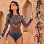 Vintage Long Sleeved Mesh Sunscreen Swimsuit Women Blue Floral Print Drawstring Side High Waist Swimwear 2026 Beach Bathing Suit