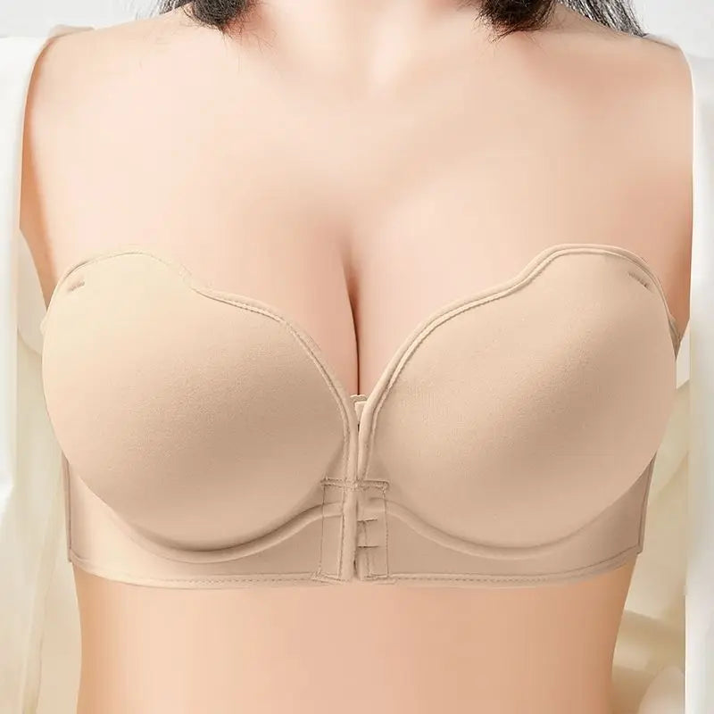 12CM Extreme Push Up Strapless Bra, Front Closure Anti-Slip Invisible Hand Cup for Small Chest, Seamless Adhesive T-Shirt Bra