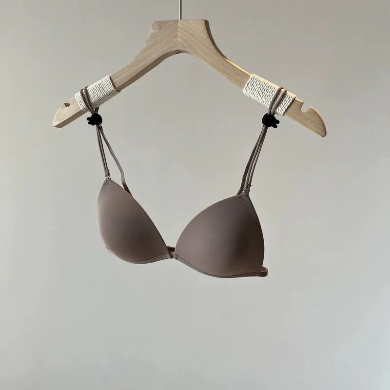 Front Closure Bra French Style, Thin Straps Triangle Cup for Small Chest, Beautiful Back Seamless Bralette, Lightweight Wireless
