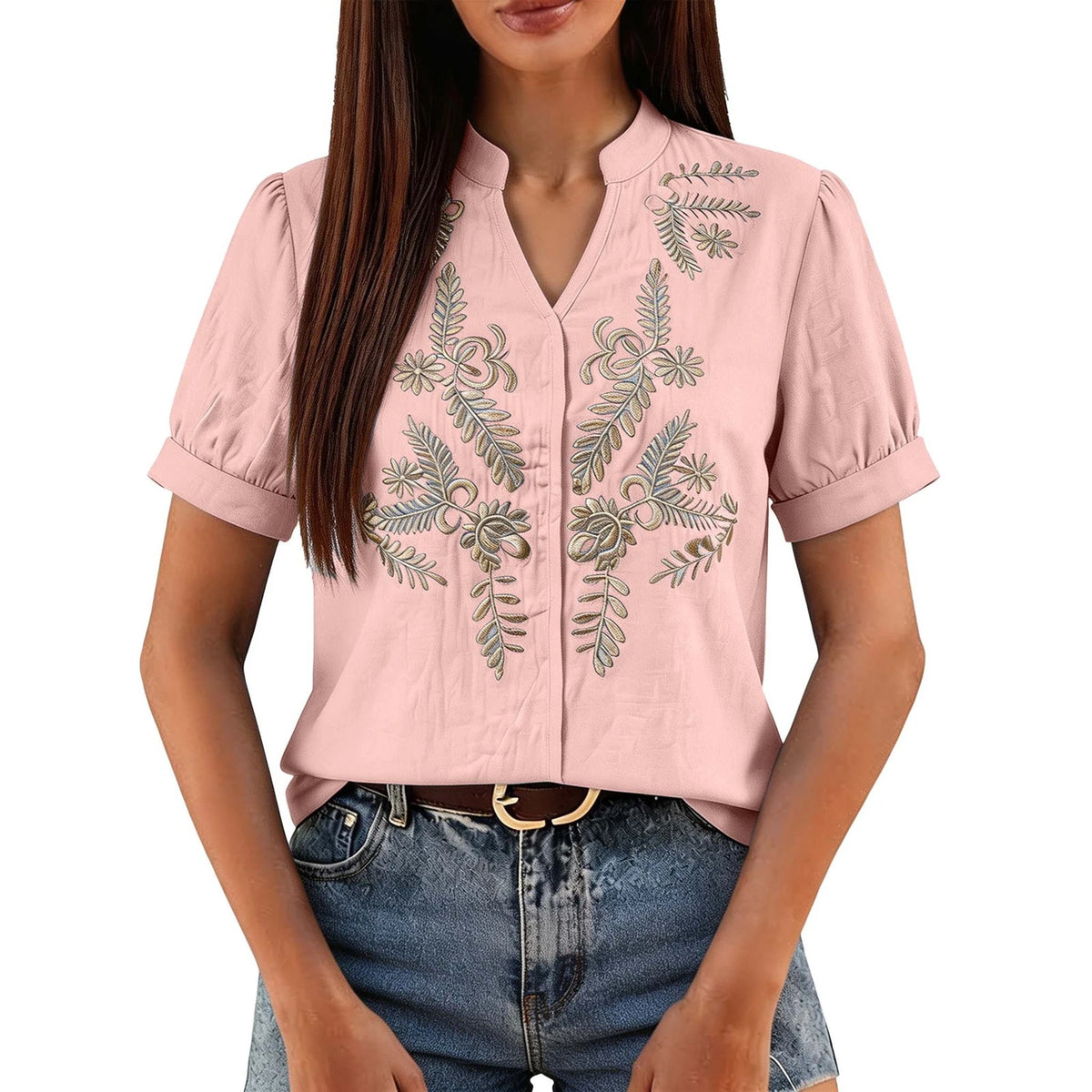 Women Floral Embroidery Puff Short Sleeve T Shirt Stand Collar V Neck Button Down Loose Solid Tees Summer Boho Casual Office Top