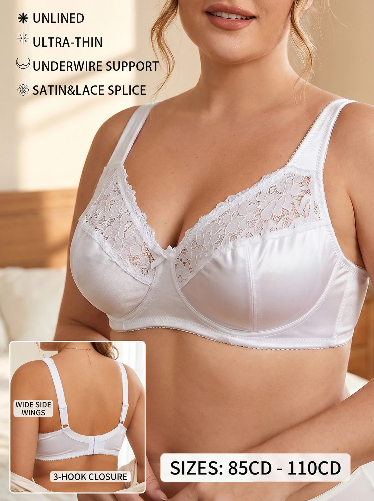 Plus Size Women Satin Lace Bra Underwired Unlined Ultra Thin Full Cup Brassiere Adjustable Wide Straps 3 Hooks Minimizer Large S