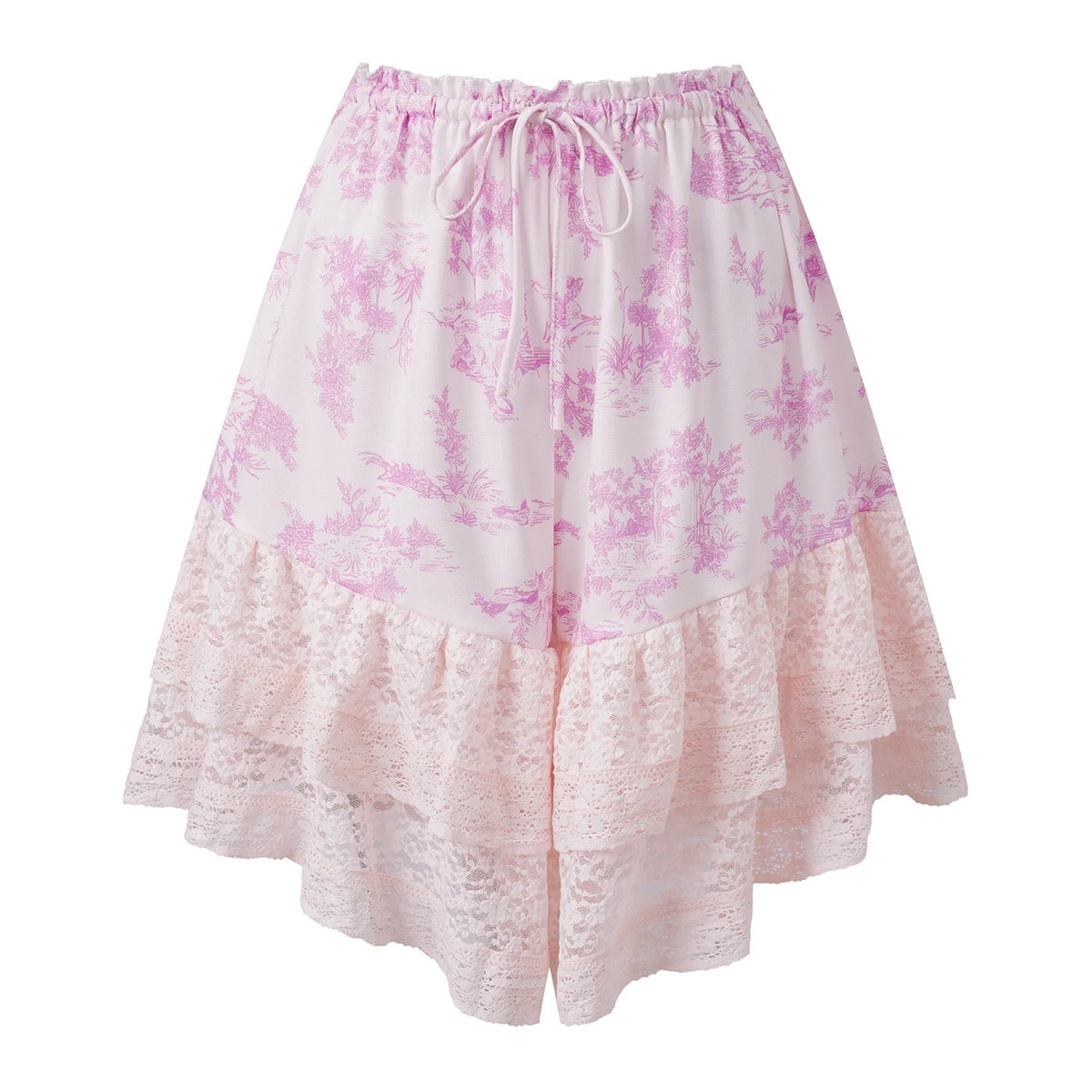 Women's Floral Lace Hem Shorts Drawstring Elastic Waist Wide Leg Knee Length Shorts Daily Loose Casual Lounge Street Mid Pants