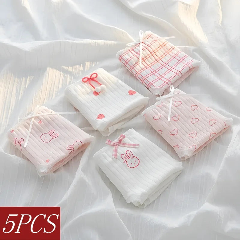 5Pcs/Set Cute Rabbit & Heart Briefs Women's Sweet Style Cotton Panties Mid-Rise Breathable Underwear Cotton Lingerie M-XL