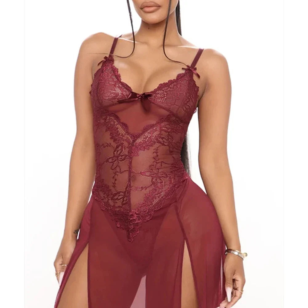 Sexy Long Underwear Dresses for Women Lace SeeThrough Nightgown Erotic Ladies Lingerie Sleepwear Nightgown