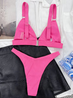 Ribbed Triangle High Cut Bikini Women Swimsuit Female Thong Swimwear Two Pieces Bikini Set Rings Bather Bathing Suit Swim Lady