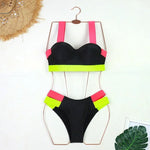 Sexy Bikini Women Swimwear Swimsuit Push Up Leopard Block Color Patchwork Double Bandages High Waist Bikinis Set Bathing Suit