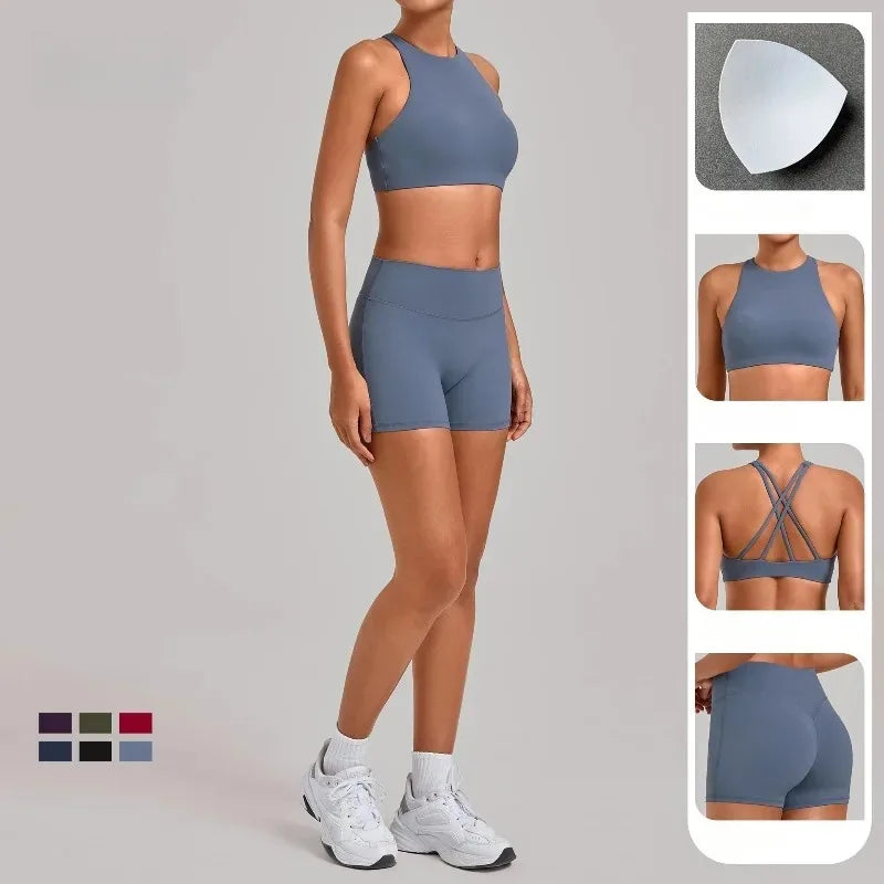 Women's Nude Yoga Sets Sports Cross Beauty Back Bra Hip-lifting Slim Fit Shorts Suits Running Fitness Workout Gym Sets