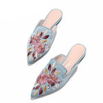 2026 Big Size 43 Summer Women's Blue Mules Slipper Sandals with Silk Flowers Embroidery Comfy Walking Slide Flat Satin Shoes