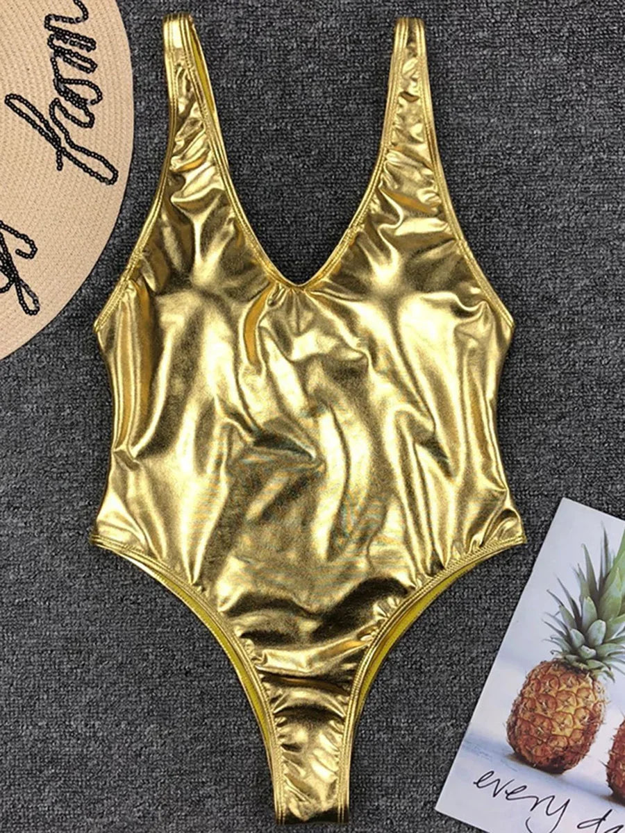 Sexy Shiny PU Leather Bikini Women 2025 Bikinis Bling Swimwear One Piece Swimsuit Female Monokini Bather Bathing Suit Swim Lady