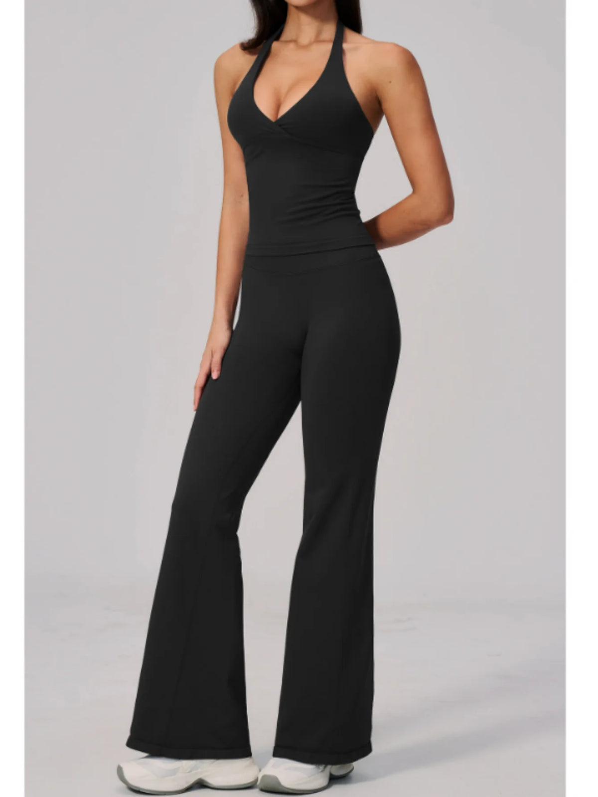 V-neck Yoga Sets Women Seamless Slimming Sports Tank Top High Waist Wide Leg Pants Fitness Suit Outwear Gym Running Tracksuit