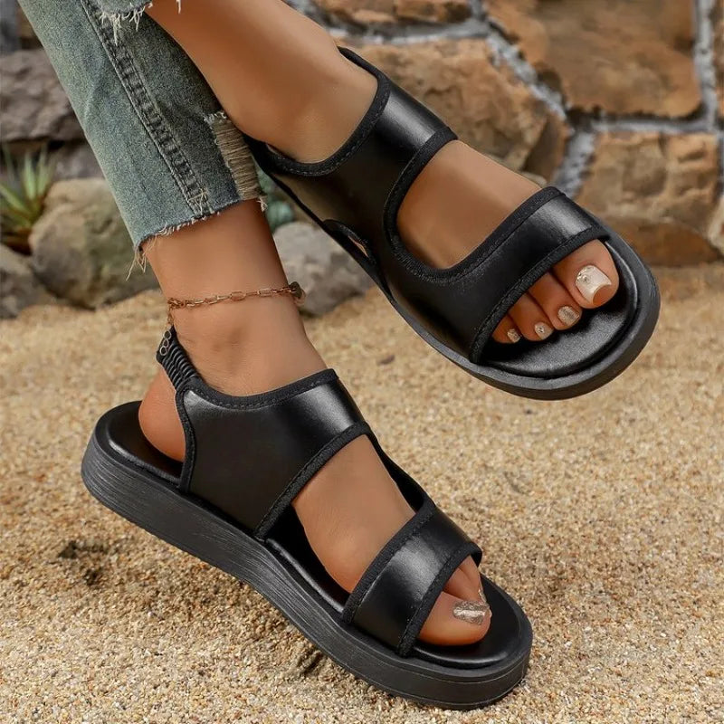 New Fashion Breathable Mesh Round Head Sandals for Women Casual Flat Bottom Roman Style Black Beach Sandalias Femmes