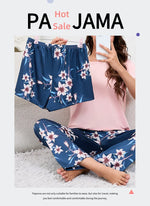 Women's Pajamas 3-Piece Set Sleepwear Home Clothes Autumn Short Sleeve Top with Shorts & Long Pants Loungewear Short Suit Pyjama