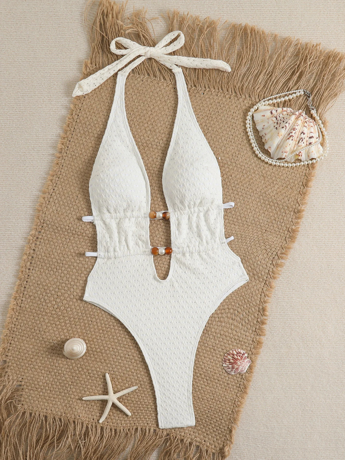 New White Pearls V Neck One Piece Swimwear Women 2026 Hollow Out Bandage Backless Swimsuit Summer Holiday Bathing Suit Monokini